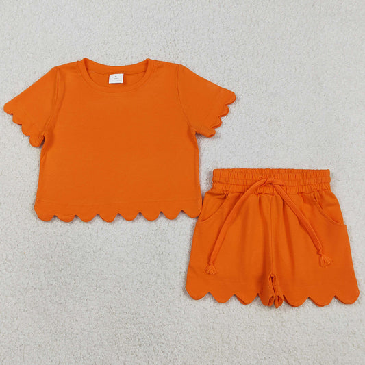 Baby Girls Clothes Short Sleeve Orange Shirts Top Scallop Shorts Clothes Sets GSSO3178