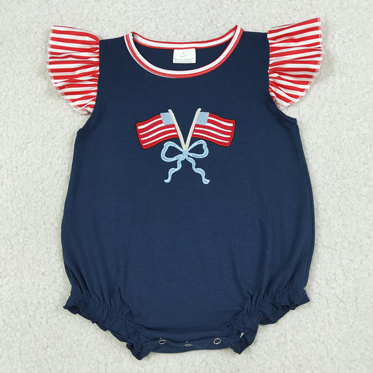 Baby Girls Rompers Embroidery Bows Flags Flutter Sleeve 4th of July Ruffle Rompers SR3903