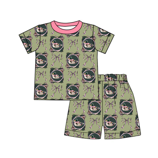Preorder (moq 8)Baby Girls Bows Ducks Checked Top Shorts Western Pajamas Sets 9.13