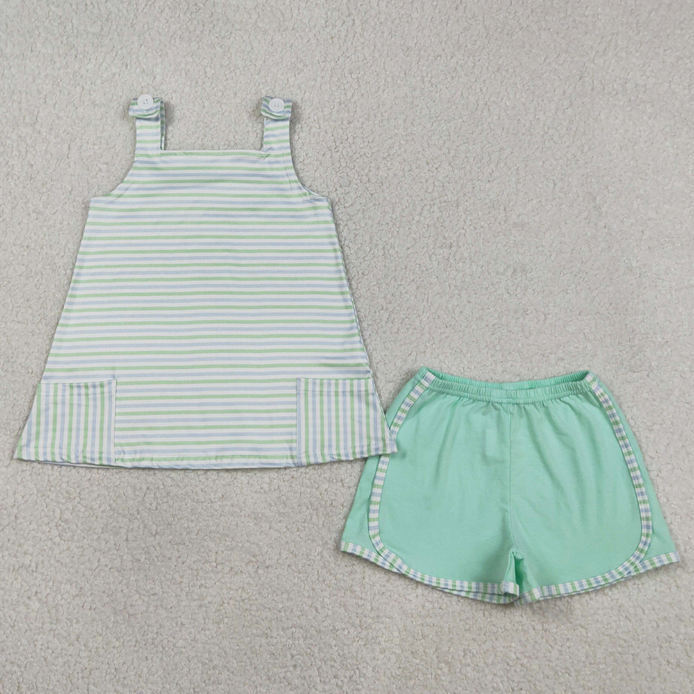 Baby Girls Clothes Strap Green Stripe Pockets Tunic Shorts Clothes Sets GSSO3110