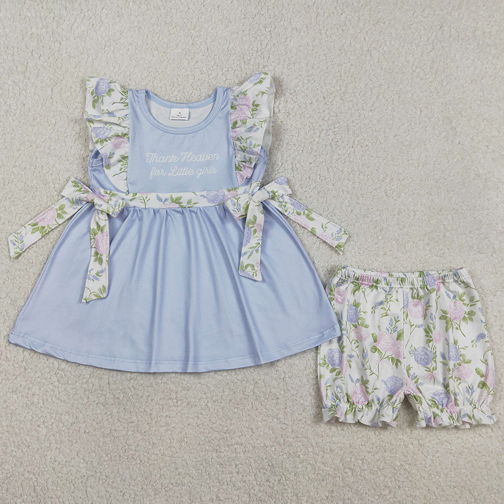 Kids Girls Clothing Baby Thank Heaven Little Girl Flowers Bows Tunic Ruffle Shorts Clothes Sets GSSO2846