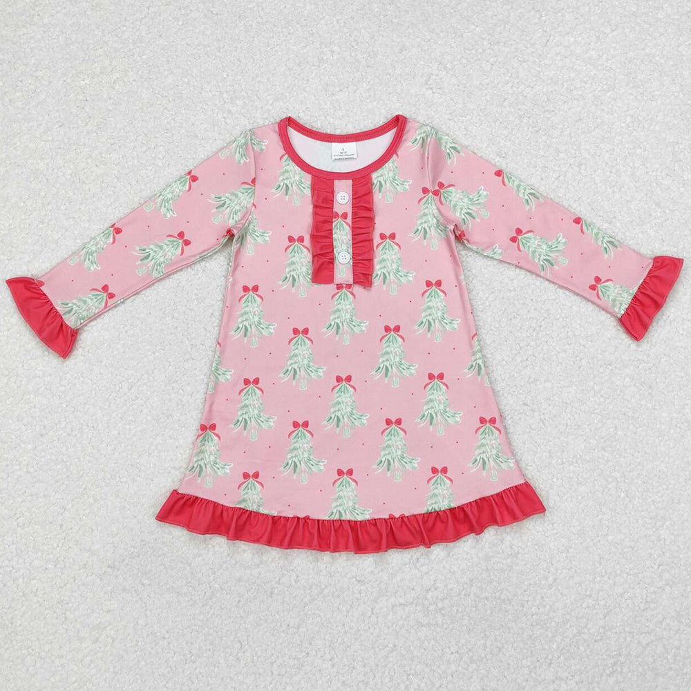 Baby Girls Dress Christmas Tree Pink Long Sleeve Knee Length Dresses GLD0636