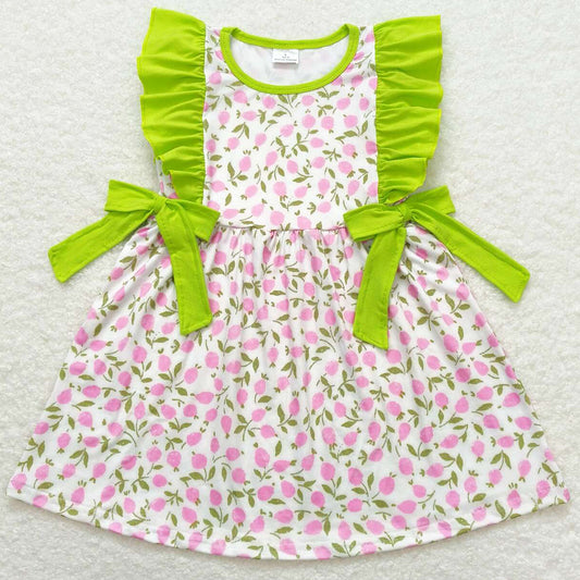 Baby Girls Dress Pink Green Flowers Bows Ruffle Knee Length Dresses GSD1036