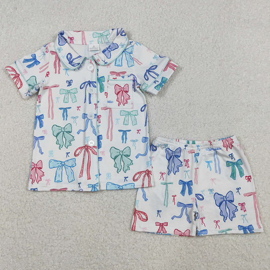 Baby Girls Pajamas Colorful Bows Buttons Shirts Top Shorts Pajamas Sets GSSO2217 11.6
