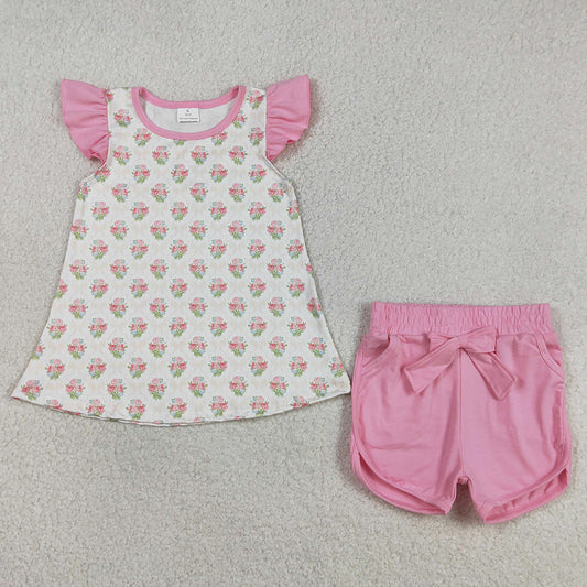 Baby Girls Clothes Pink Flowers Checked Tunic Pockets Short Clothes Sets GSSO2953