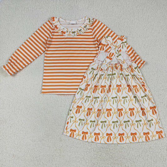 Baby Girls Clothes Stripe Bows Top Pockets Knee Length Dresses 2pcs Clothes Sets GLD1110 7.8