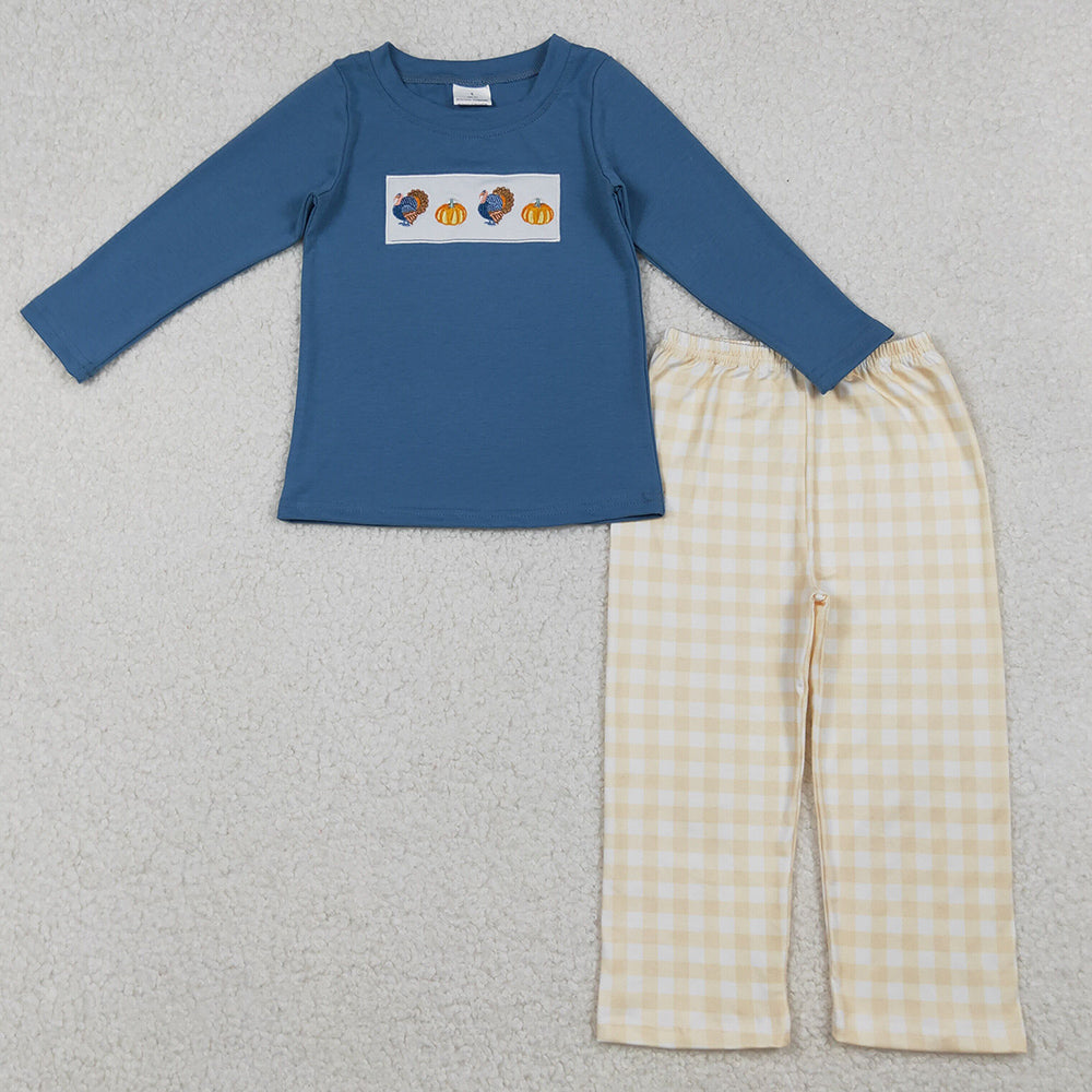 Baby Boys Rompers Embroidery Turkey Pumpkins Plaid Pant Thanksgiving Clothes Set BLP1176 10.3