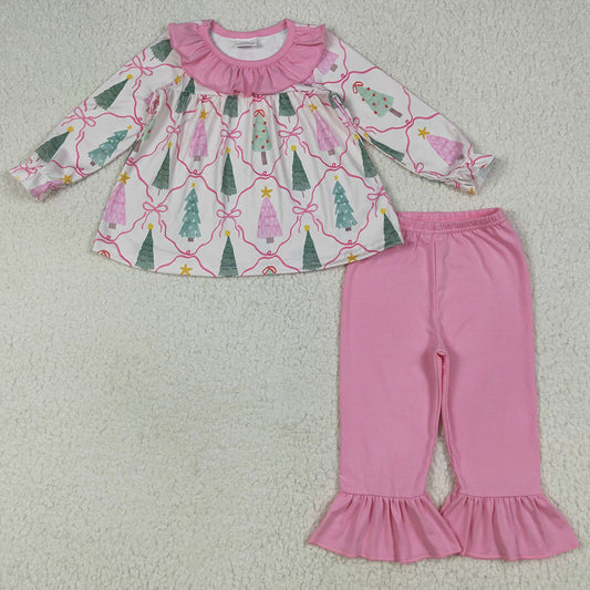 Baby Girls Clothes Long Sleeves Trees Bows Plaid Tunic Ruffle Pants Sets GLP2420 6.26