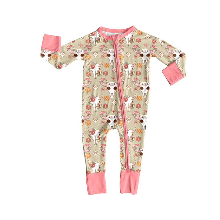 Preorder (moq 5)Baby Girls Pink Long Sleeves Flowers Bull Skull Plaid Zipper Romper 7.2