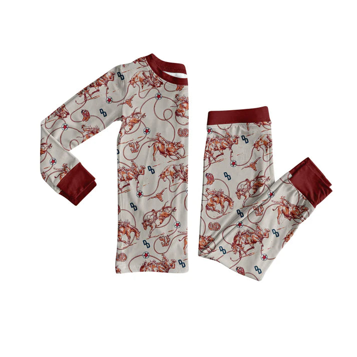 Preorder (moq 5)Baby Boys Gray Long Sleeves Horse Rodeos Cactus Top Pant Pajamas Set 6.19