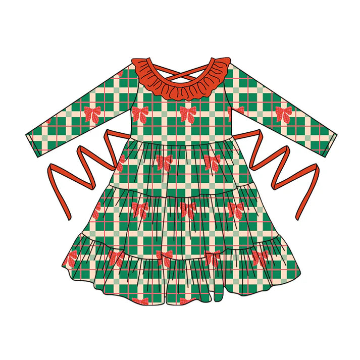 Preorder moq 5 Baby Girls Green Plaid Long Sleeves Red Bows With Belt Ruffle Knee Length Dresses 5.2