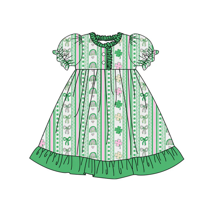Preorder (moq 8)Baby Girls Green Clovers Stripe Button Ruffle St Patrick Knee Length Dresses 9.15