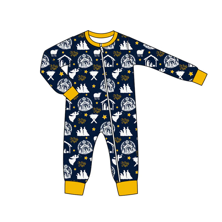 Preorder moq 5 Baby Infant Boys Navy Long Sleeves Stars Nativity Plaid Zipper Romper 7.15