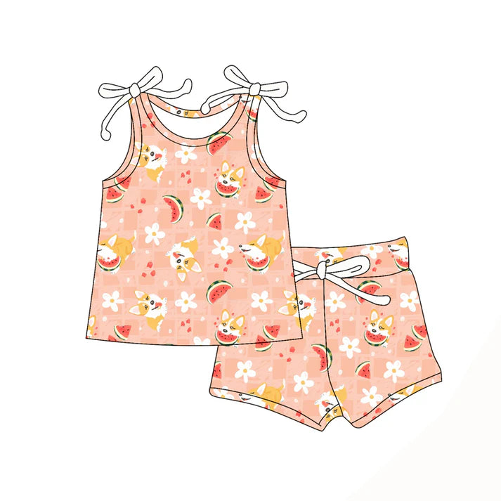 Preorder moq 5 Baby Girls Bows Sleeveless Dogs Watermelon Top Short Set 4.16