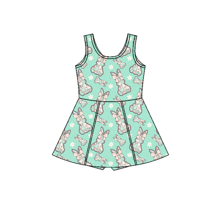 Preorder (moq 5)Baby Girls Sleeveless Flowers Rabbits Shorts Easter Knee Length Dresses 12.27