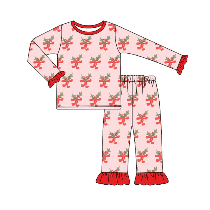 Preorder (moq 5)Baby Girls Pink Long Ruffle Sleeves Bows Holly Top Pant Pajamas Set 6.20