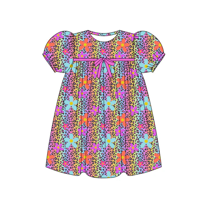 Preorder (moq 5)Baby Girls Short Ruffle Sleeves Colorful Leopard Flowers Knee Length Dresses 5.24