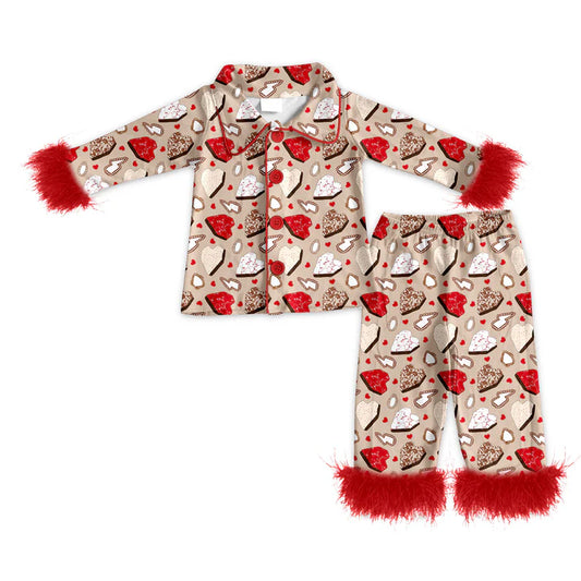 Preorder (moq 5)Baby Girls Turquoises Hearts Button Top Pants Western Fur Sleeve Pajamas Sets 11.22