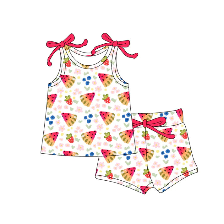 Preorder (moq 5)Baby Girls Bows Sleeveless Watermelon Flowers Vest Top Shorts Set 6.2