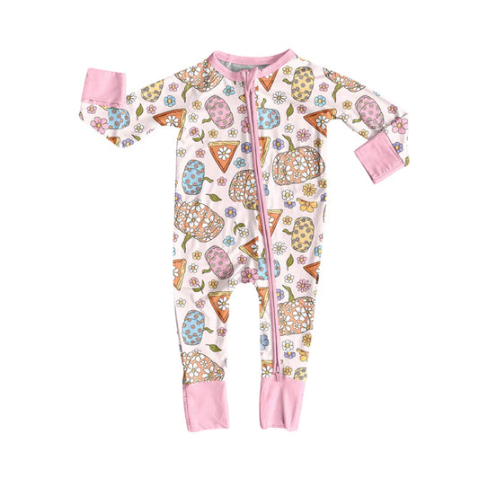Preorder (moq 5)Baby Girls Pink Long Sleeves Floral Pumpkins Cakes Zipper Pant Rompers 5.27