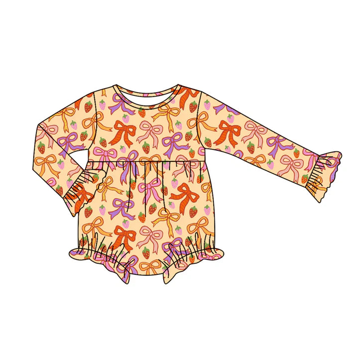 Preorder moq 5 Baby Infant Girls Long Sleeves Colorful Bows Strawberry Plaid Ruffle Romper 7.12