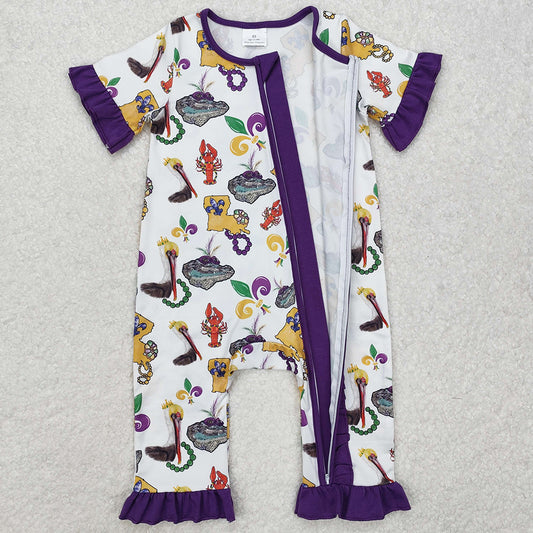 Baby Infant Girls Rompers Mardi Gras Bird Crawfish Ruffle Zip Rompers SR2422