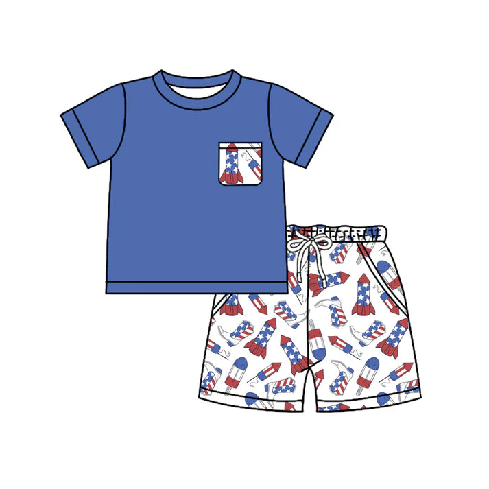 Preorder moq 5 Baby Boys Navy Short Sleeves Pocket Top Boots Firework Short 4th Of July Set 4.23