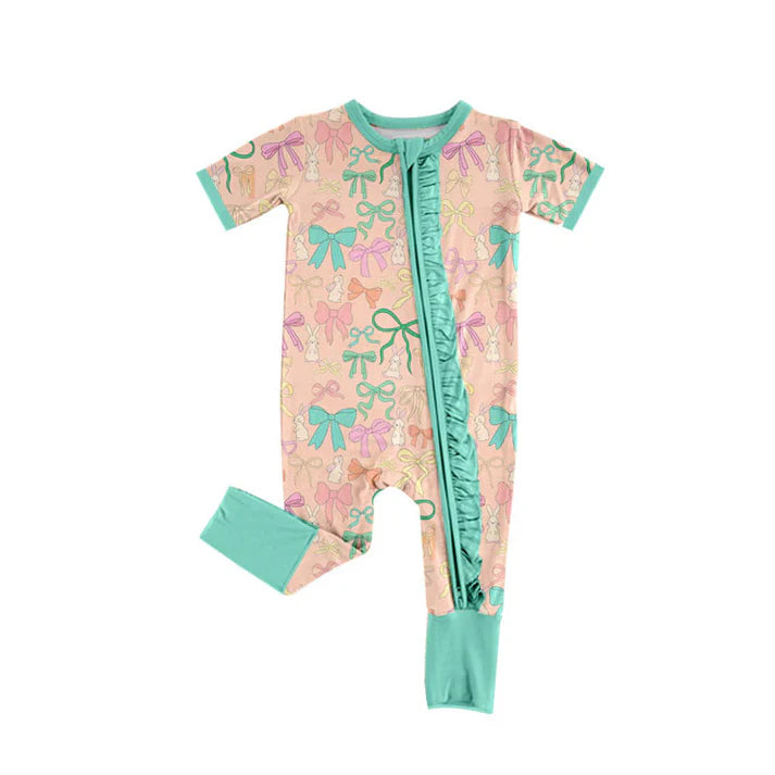 Preorder (moq 8)Baby Girls Colorful Bows Rabbits Easter Ruffle Zipper Footie Rompers 9.17