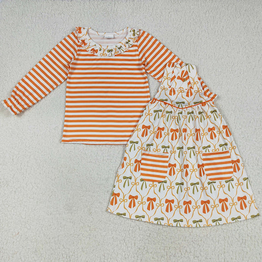 Baby Girls Clothes Stripe Bows Top Pockets Knee Length Dresses 2pcs Clothes Sets GLD1110 7.8
