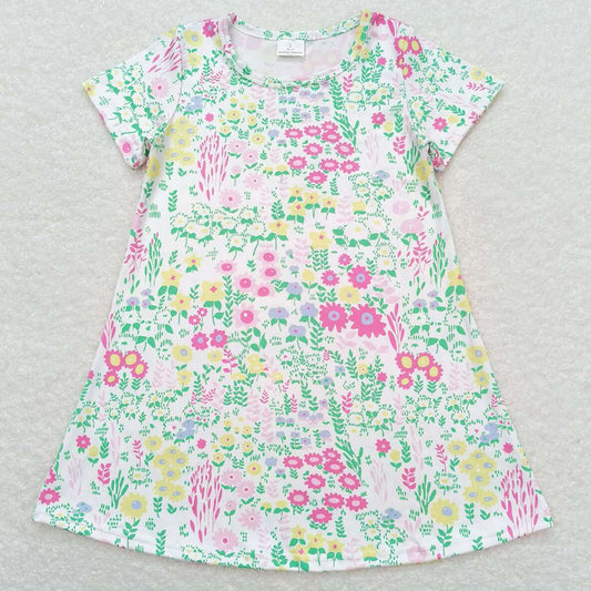 Baby Girls Dress Pink Green Flowers Short Sleeve Knee Length Dresses GSD0823