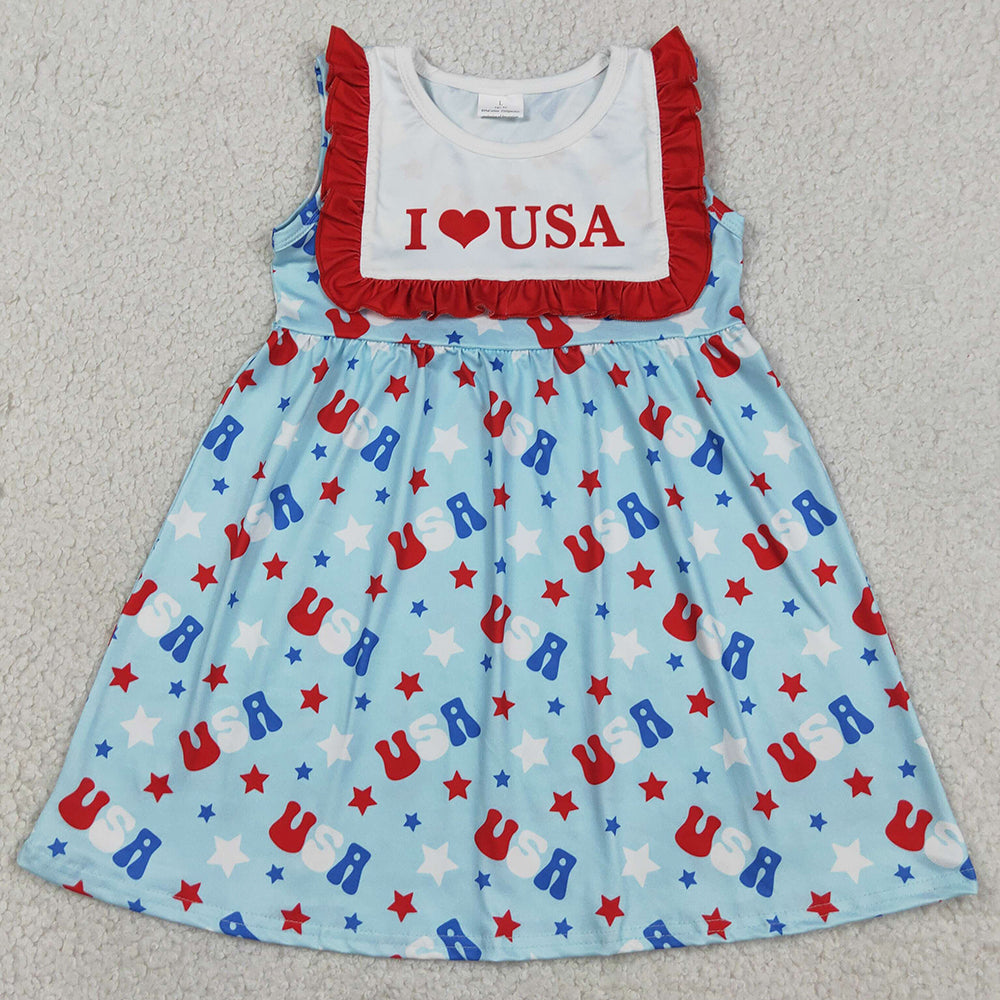 Baby Girls Dress Sleeveless I Love USA Stars 4th of July Knee Length Dresses GSD4002