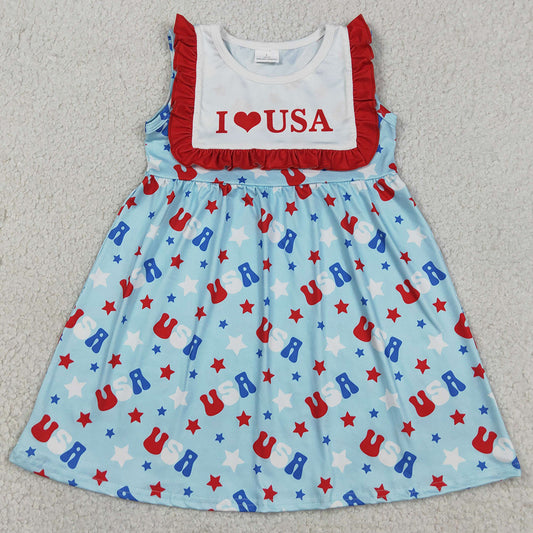Baby Girls Dress Sleeveless I Love USA Stars 4th of July Knee Length Dresses GSD4002