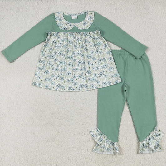 Baby Girls Clothes Green Long Sleeve Floral Tunic Ruffle Pants Sets GLP2407 7.7