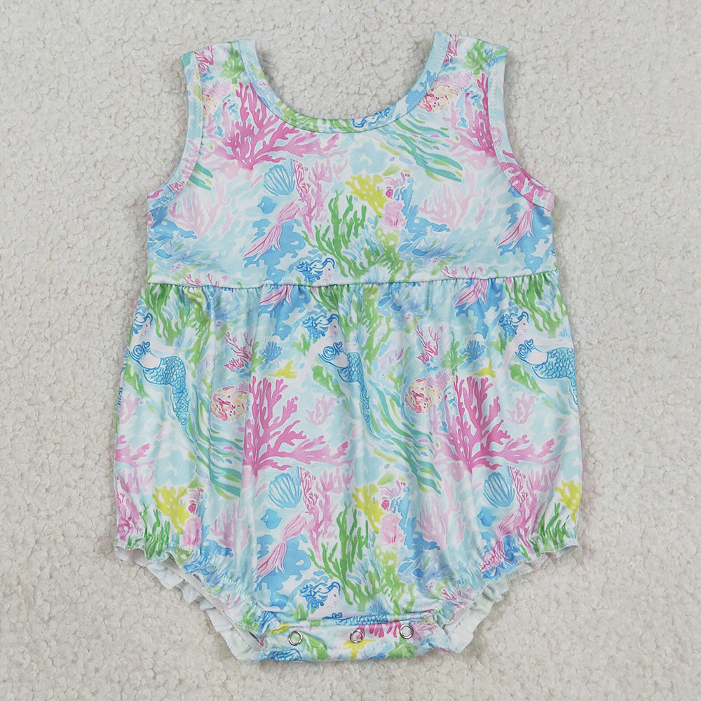 Baby Girls Rompers Sleeveless Watercolor Sea Plants Ruffle Rompers SR3991