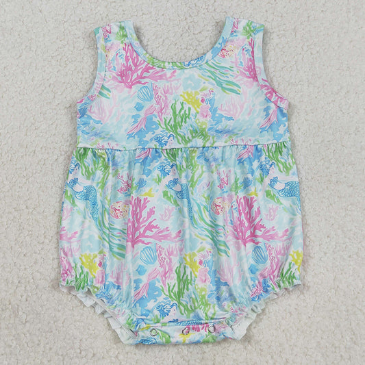 Baby Girls Rompers Sleeveless Watercolor Sea Plants Ruffle Rompers SR3991
