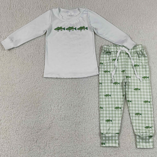 Baby Boys Clothes Long Sleeve Fishes Checked Top Pockets Jogger Hunting Clothes Sets BLP1425
