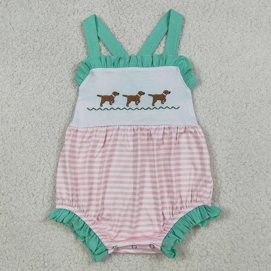 Baby Girls Rompers Embroidery Dogs Strap Pink Stripe Hunting Rompers SR3558