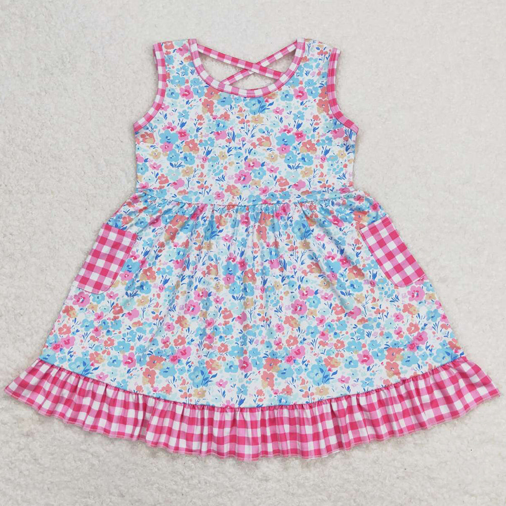 Baby Girls Dress Pink Checkered Floral Sleeveless Pockets Ruffle Dresses GSD0950