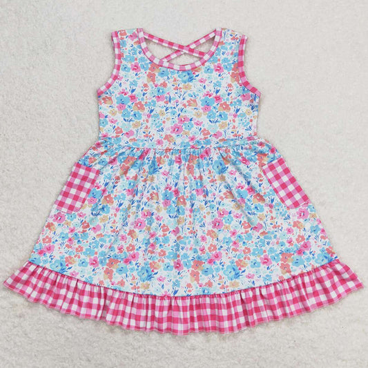 Baby Girls Dress Pink Checkered Floral Sleeveless Pockets Ruffle Dresses GSD0950