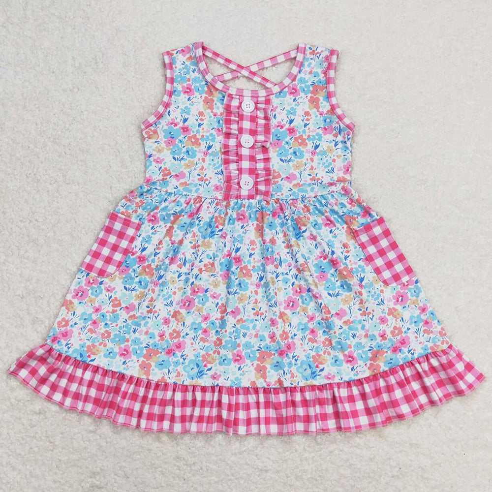 Baby Girls Dress Pink Checkered Floral Sleeveless Pockets Ruffle Dresses GSD0950