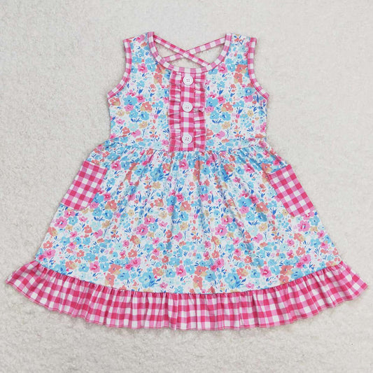 Baby Girls Dress Pink Checkered Floral Sleeveless Pockets Ruffle Dresses GSD0950