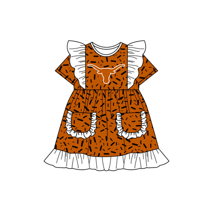 Preorder (moq 5)Baby Girls Flutter Short Sleeve Orange Sprinkles Bull Skulls Pockets Team Ruffle Knee Length Dresses 12.13