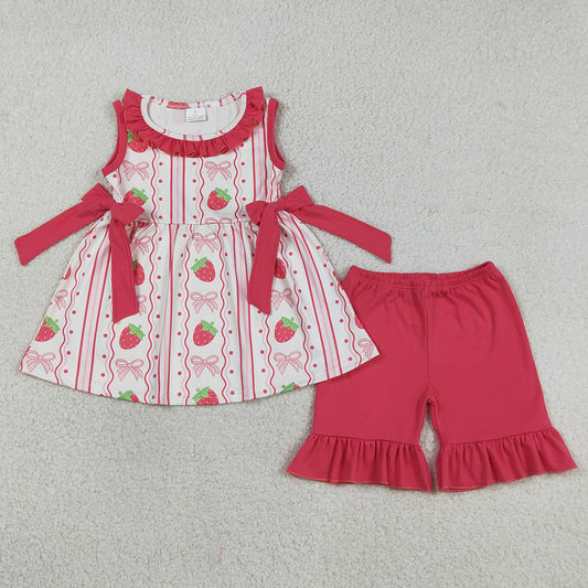Baby Girls Clothes Strawberry Bows Stripe Tunic Ruffle Shorts Clothes Set GSSO3276