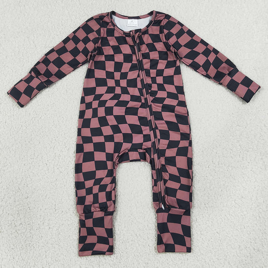 Baby Boys Rompers Brown Black Warped Checkerboard Print Fall Two Way Zip Convertible Rompers LR3115