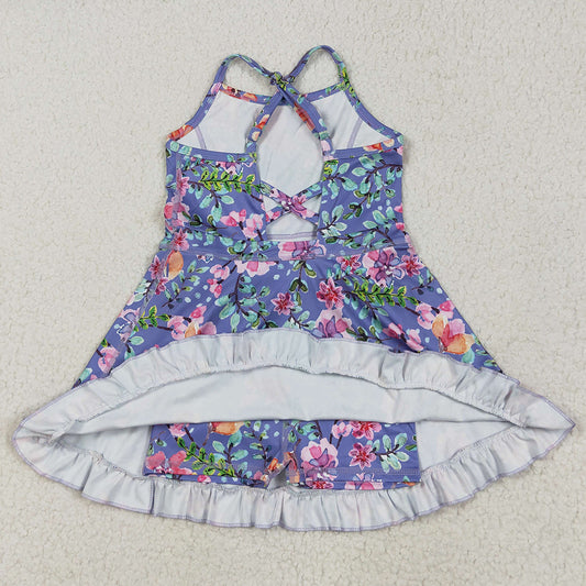 Baby Girls Dress Purple Strap Floral Yoga Ruffle Knee Length Dresses GSD2279 6.5