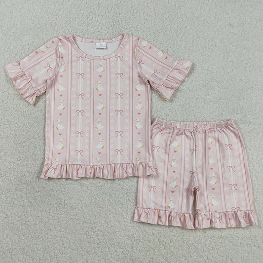 Baby Girls Clothes Bow Gooses Stripe Top Ruffle Shorts Pajamas Clothes Sets GSSO3330