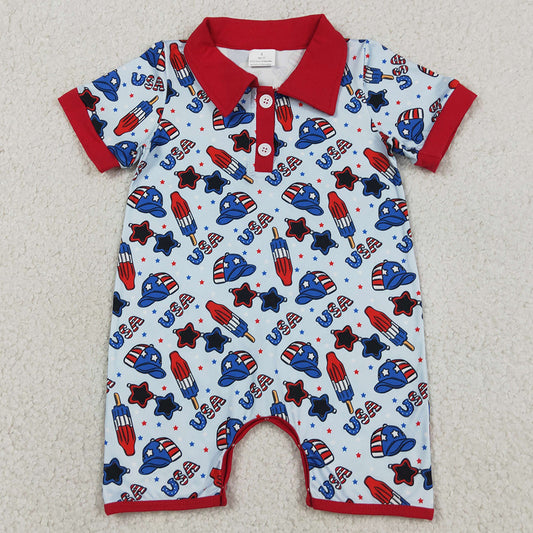 Baby Boys Rompers Short Sleeve USA Popsicle Stars 4th of July Button Rompers SR3874