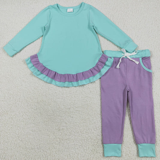Baby Girls Clothes Aqua Long Sleeves Ruffle Top Lavender Pockets Legging Pants Sets GLP2402 8.5