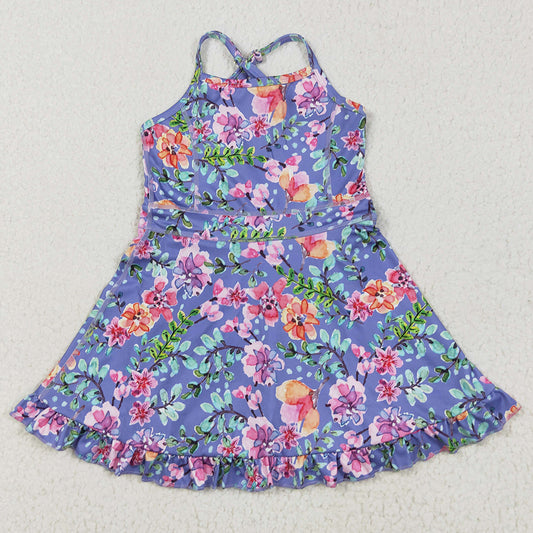 Baby Girls Dress Purple Strap Floral Yoga Ruffle Knee Length Dresses GSD2279 6.5