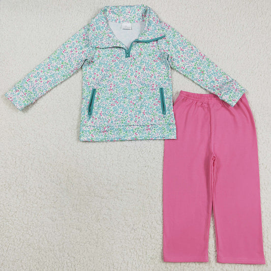 Baby Girls Clothes Long Sleeves Green Floral Pockets Zipper Top Pink Pants Sets GLP2414 8.6